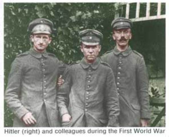 Adolf Hitler enlists with bavarian army and fights in world war 1. Serves as a private while in Belguim and France