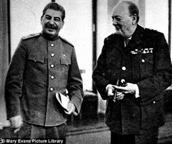 Winston Churchill, Franklin Roosevelt, and Joseph Stalin meet in Tehran; they promise Iran national sovereignty