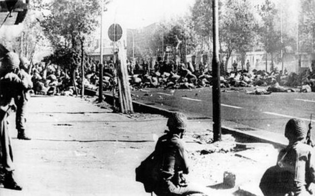 1978 Increasing large public demonstrations against the Shah signify opposition of urban guerrilla movements and the clerics.  On “Black Friday” in September the Shah’s army opens fire on protesters, killing and wounding many.  In October Khomeini flies t