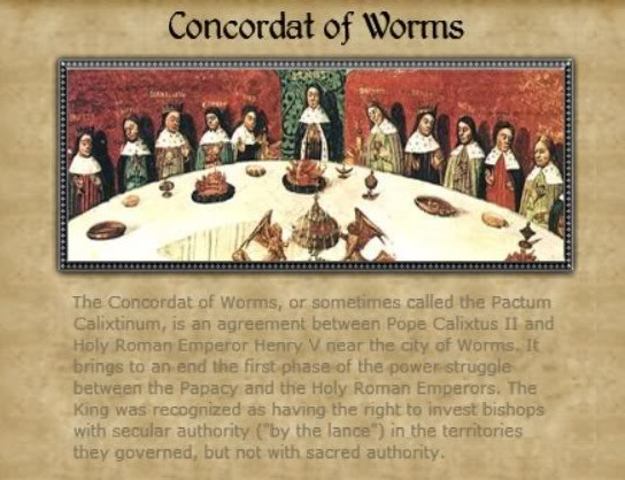 Concordata de Worms: colocou fim a primeira fase da Questão das Investiduras entre o Sacro Império Romano-Germânico e o papado