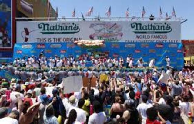 First Nathan’s Hot Dog Eating Contest. It has been held every year since in Coney Island, N.Y.