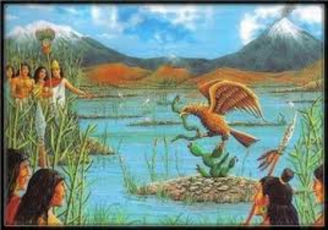 Aztec people arrive in the Valley of Mexico, after traveling for more than 150 years. they were told by a god to keep traveling until they aproached a eagle sitting on a cactus.