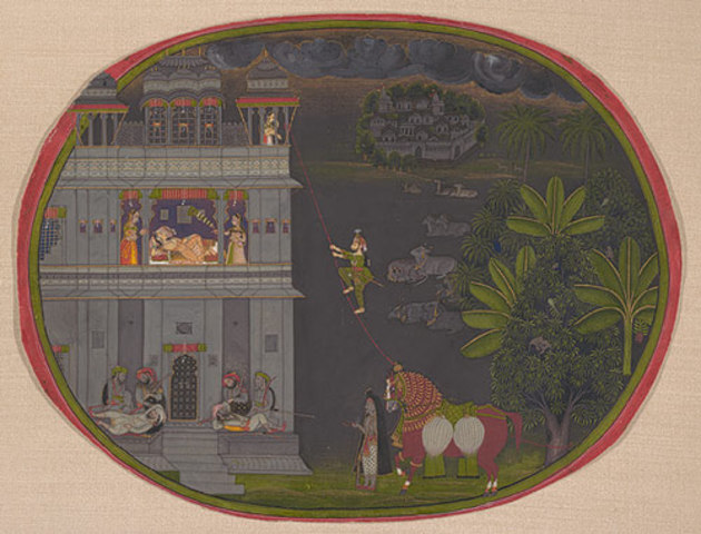 Escapade at Night: A Nobleman Climbs a Rope to Visit His Beloved, ca. 1800–1810