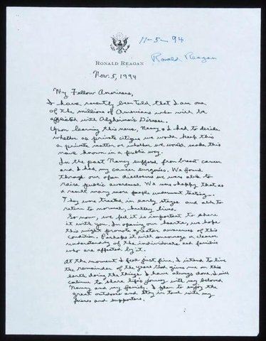 Reagan diagnosed with Alzheimer's disease