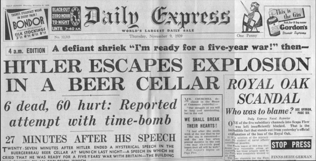 Hitler survives assassination attempt