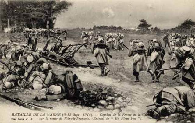Battle of the Marne - German army stopped outside of Paris; 4 years of trench warfare ensues