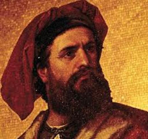 Marco Polo goes to China.  He later wrote a book about his travels.