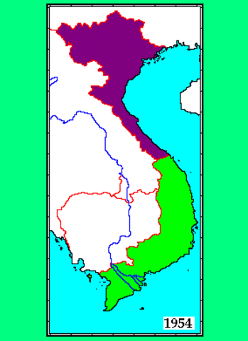 Vietnam is free of French rule and is divided into North and South Vietnam