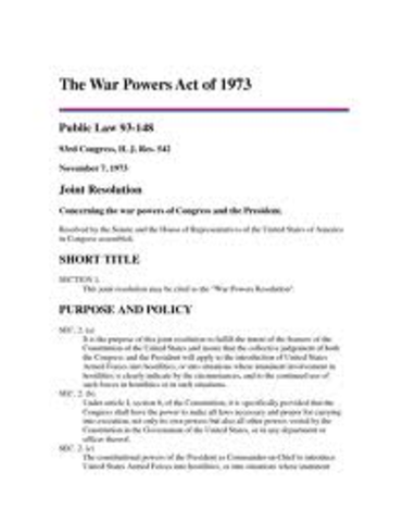 The War Powers Act of 1973 passed