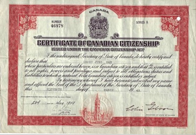 Chinese Permitted to become Canadian Citizens.