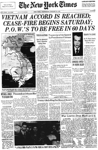 Henry Kissinger signs the Vietnam Cease Fire. All fighting is withheld in the war.