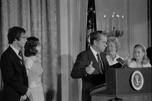 President Nixon upheld for impeachment for the Watergate Scandal, decides to announce his resiginaton instead.