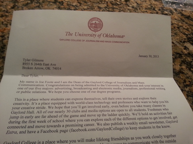 Got A Letter from the dean of Gaylord College of Mass Comms. at OU