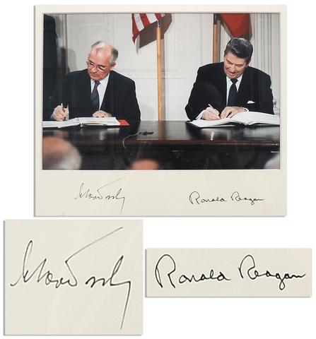 In the spirit of glasnost and detente Ronald Reagan and Mikhail Gorbachev sign the Intermediate Nuclear Force Treaty (INF)