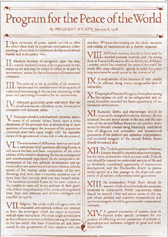 U.S. President Woodrow Wilson issues his Fourteen Points to peace.