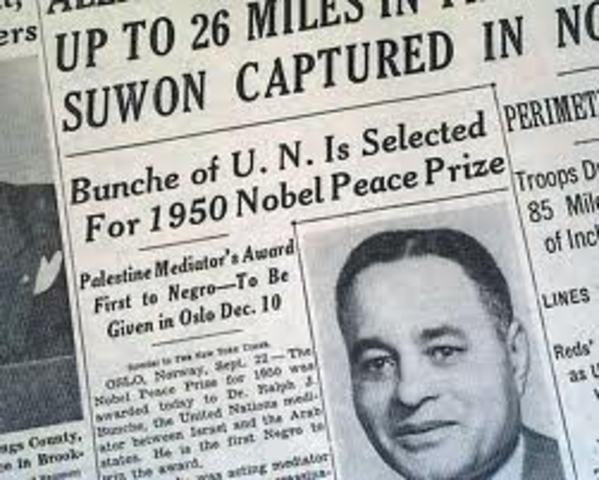 Dr. Ralph Bunche wins the 1950 Nobel Peace Prize.