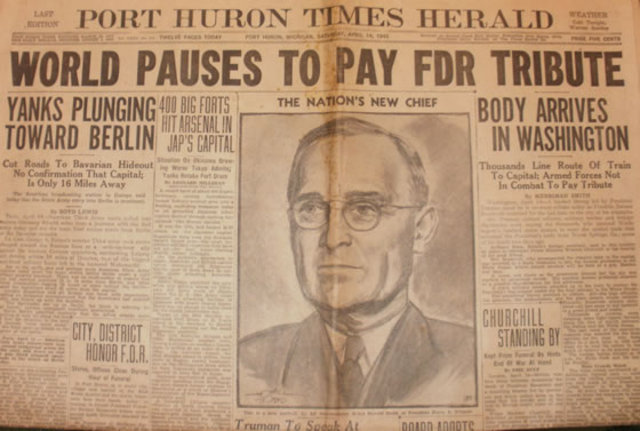 Frankin Roosevelt dies, and Harry Truman becomes president