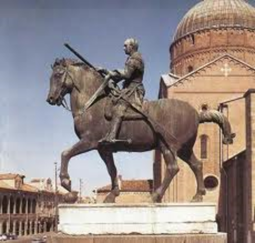 Started bronze statue called Gattamelata, showing Erasmo riding a horse in full battle dress,