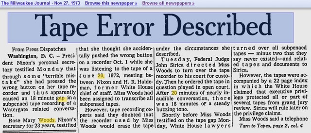 Senate Committee announces discovery of 18 ½ minute gap on tape of Nixon-Haldeman conversation of June 20, 1972
