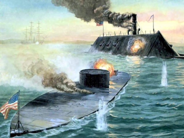 Ironclads Monitor and Virginia clash in a sea battle.