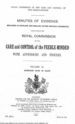 A royal commision reports that "feeble-mindedness" is heritable