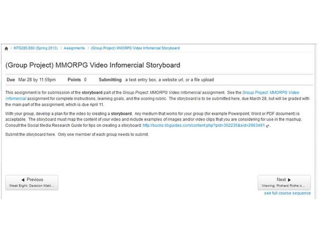 Week 8: Storyboard assigned.