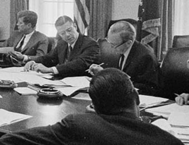 Congressional leaders assemble at the White House for a meeting with Kennedy.