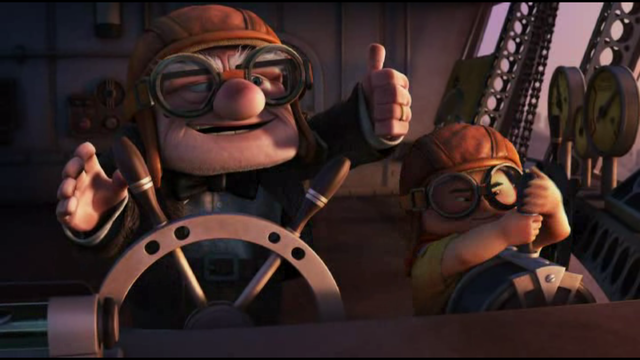 Carl and Russell take his dirigible back to the city.