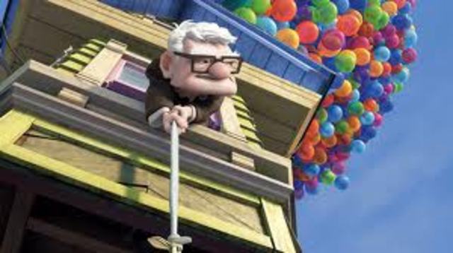 Carl uses balloons to float his house and set off for Paradise Falls