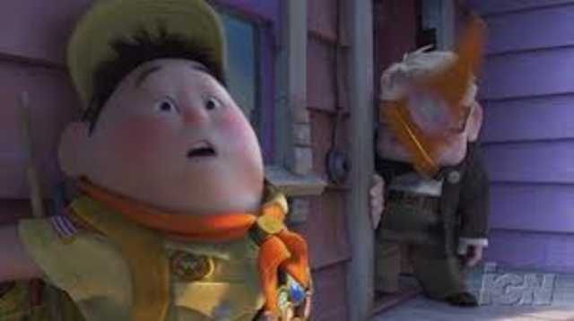 Carl finds Russell at his door step when they are in the air