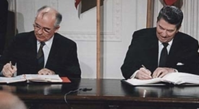 Reagan and Soviet president Mikhail Gorbbachev resolve to remove all intermediate nuclear missiles from Europe