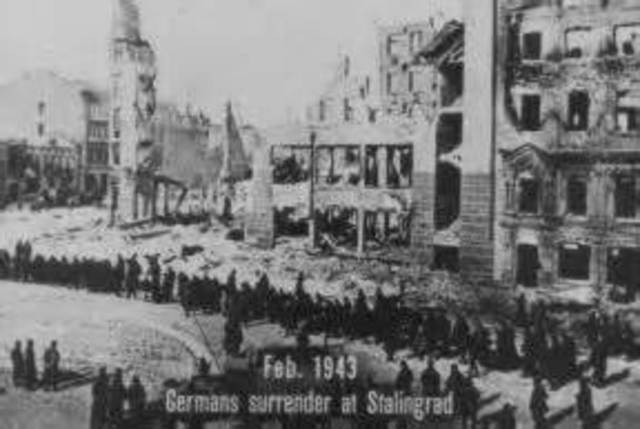 Germans surrender at Stalingrad in the first big defeat of Hitler's armies.