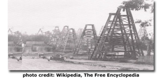 First offshore oil wells are drilled