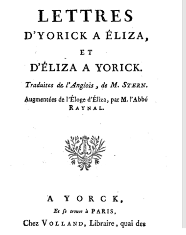 Parution des Lettres d'Yorick à Eliza