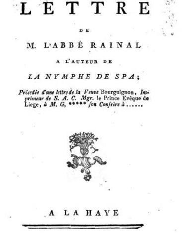 Parution de la Lettre à l'auteur de la Nymphe de Spa