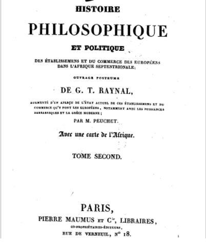 Parution de l'Histoire philosophique et politique des établissemens et du commerce des européens dans l'Afrique septentrionale