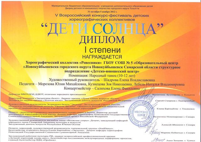 Диплом I степени в V Всероссийском конкурс-фестивале детских хореографических коллективов "ДЕТИ СОЛНЦА"