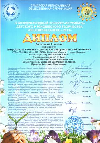 Дипломант I степени в IX Международном конкурс-фестивале детского и юношеского творчества "ВЕСЕННЯЯ КАПЕЛЬ - 2013"
