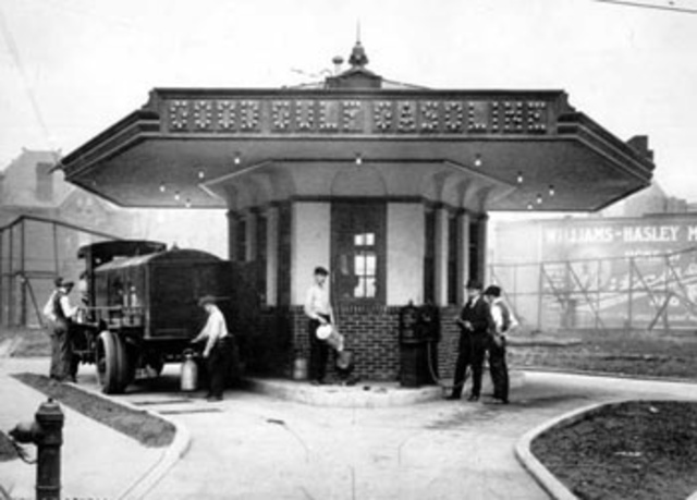 First drive-in service station