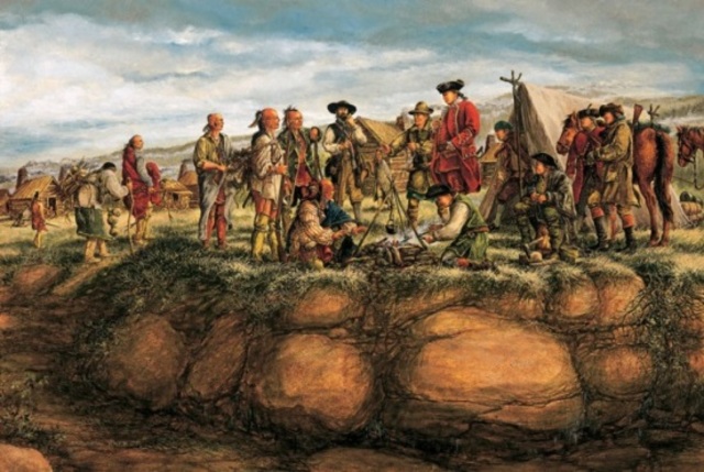 Washington meets with Half-King to build a trading post for Virginia (British) at the Forks of the Ohio.