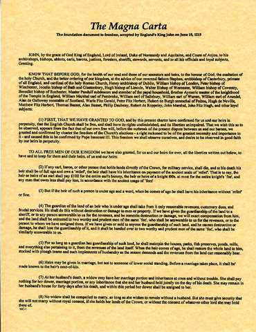 La carta Magna en Inglaterra limita el poder del rey y crea el Parlamento.