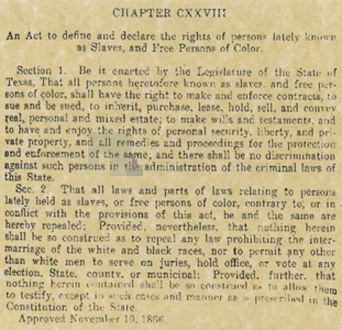 Black Codes begin to pass in state legislatures