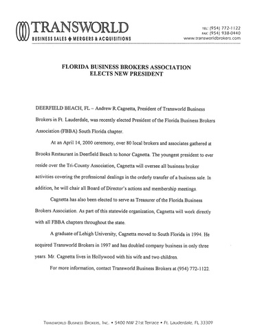 Florida Business Brokers Association Elects New President