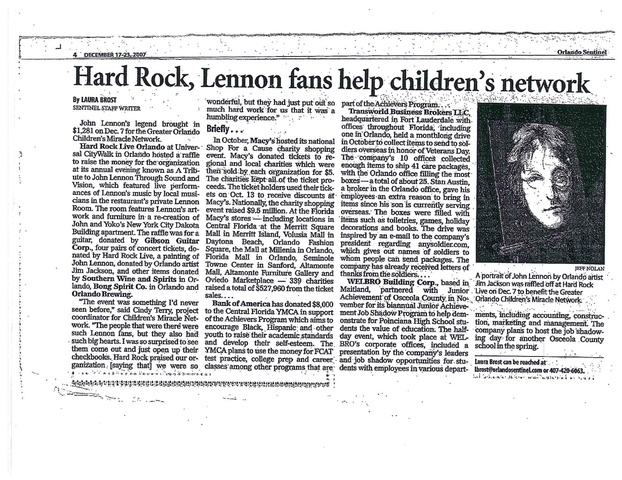 Orland Sentinel "Hard Rock, Lennon fans help children's network"