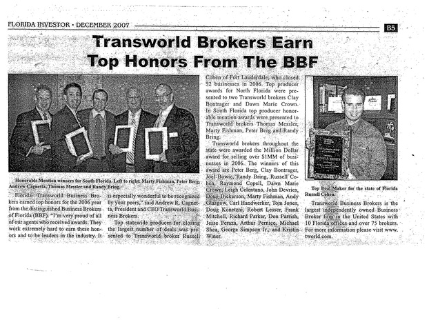 Florida Investor "Transworld Brokers Earn Top Honors From The BBF"