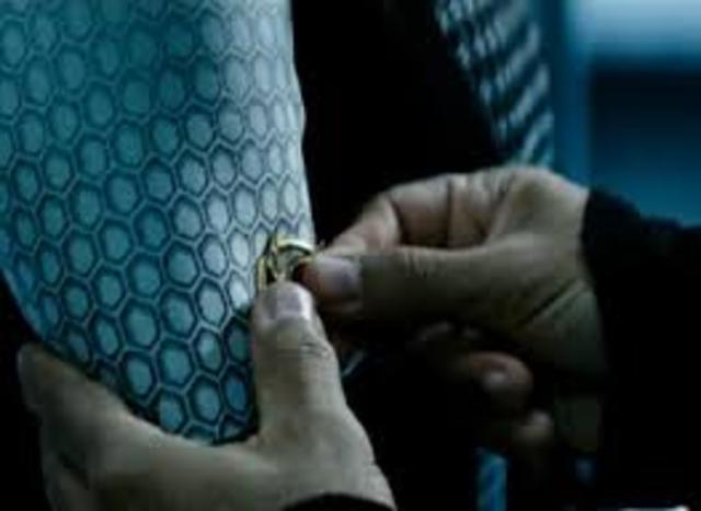 Madge Gives Katniss the Mockinjay Pin