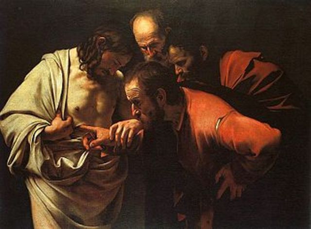 Doubting Thomas by (Michelangelo Merisi da) Caravaggio.