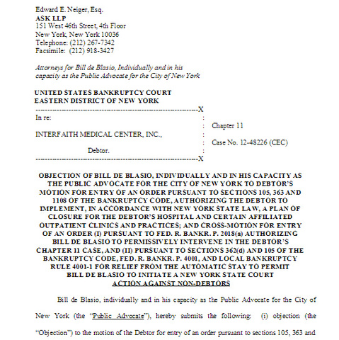 De Blasio Files Motion in Federal Bankruptcy Court to Halt Closure of Interfaith Hospital
