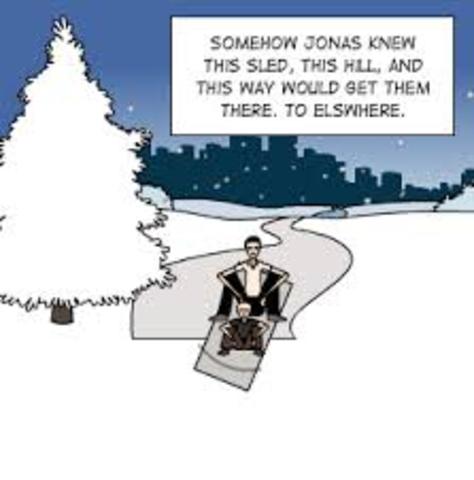 Jonas finds a sled on top of a hill, rides it, and hears music and singing. He thought it could be real or just an echo.