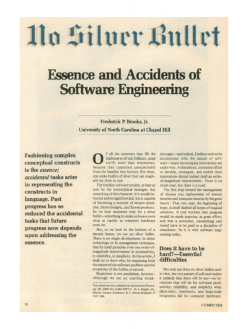 Brooks escribe el documento "No Silver Bullet — Essence and Accidents of Software Engineering"